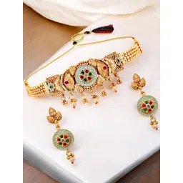 LUCKY JEWELLERY Gold-Plated Artificial Stone Studded & Beaded Jewellery Set-picture-33