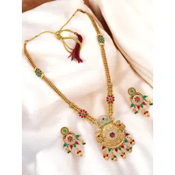 LUCKY JEWELLERY Gold-Plated Artificial Stone Studded & Beaded Jewellery Set-picture-15