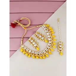 LUCKY JEWELLERY Gold-Plated Kundan-Studded & Beaded Jewellery Set-picture-24