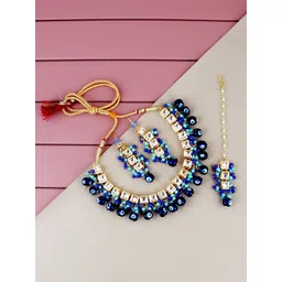 LUCKY JEWELLERY Gold-Plated Kundan-Studded & Beaded Necklace With Earrings & Maang Tika-picture-15