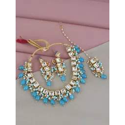 LUCKY JEWELLERY Gold-Plated White & Turquoise Blue Kundan-Studded & Beaded Jewellery Set-picture-12