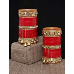 LUCKY JEWELLERY Gold-Toned & Red Kundan & CZ Stone-Studded Chuda Bangle Set-picture-13