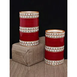 LUCKY JEWELLERY Maroon CZ Stone-Studded Punjabi Chura Bridal Wedding Bangle Set-picture-13