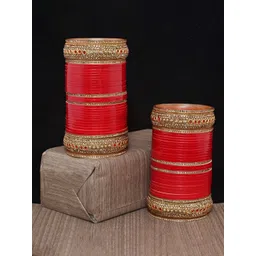 LUCKY JEWELLERY Red CZ Stone-Studded Punjabi Chuda Bridal Wedding Bangle Set-picture-12