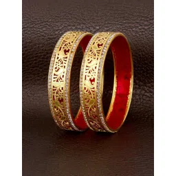 LUCKY JEWELLERY Set Of 2 18K Gold Plated Maroon & White Stone Studded Traditional Bangle-image-27