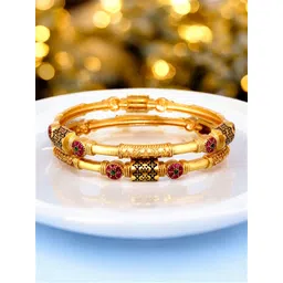 LUCKY JEWELLERY Set Of 2 18K One Gram Gold-Plated Stones-Studded Bangles-image-49