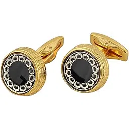 lucky jewellery Unique Men Jewelry Gold Plated Black Enamel with Golden Design Round Sleeve Button Formal Cuff Button Wedding Shirt Button, Suit, Blazer Cufflinks Pair Gift Set For Men (290-CHC4-1076)-picture-24