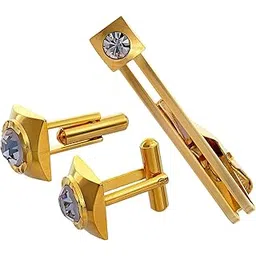 Unique Men Jewelry White Stone Gold Plated Sleeve Button Formal Cuff Button Wedding Shirt Button, Suit, Blazer Cufflinks with Matching Tie Pin Gift Set For Men (261-M4C5-DCTM42SQ-W)-image-29