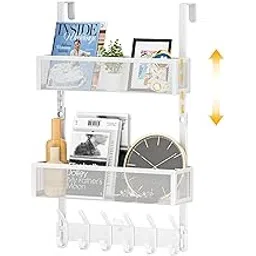 LUCYCAZ Adjustable Over The Door Hooks Organizer, Hanger Storage with 10 Coat Hooks & 2 Mesh Basket, Over The Door Towel Rack Organizer for Bathroom, Bedroom, Kitchen (White)-picture-10