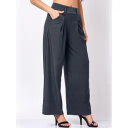Lugo Women Grey Solid Pleated Trousers image 1