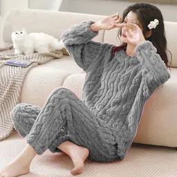 lugo Women Night Suit Set Grey Self Design-picture-37