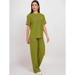 Lugo Women Olive Green Striped Round Neck Co Ord Set-picture-14
