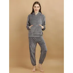 Lugo Women Self Design V-Neck Hooded Long Sleeves T-shirt & Joggers Night suit-picture-33