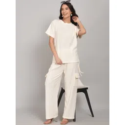 Lugo Women Solid Cream Cotton T-shirt and Trousers Co-ord Set-picture-33