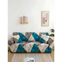 Lukzer Blue & Grey 3 Pieces Printed Sofa Cover With Arms-picture-29