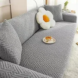 Lukzer Universal 3 Seater Jacquard Sofa Cover with 2 Cushion Covers Soft Touching Flexible Stretch Slipcover (Pastel Dark Grey Grid Maze/SC-104-03/180-230cms) (220GSM)-image-23