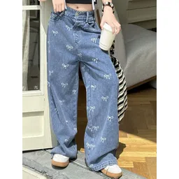 LULU & SKY Blue Novelty Pattern Girls Wide Leg Mid-Rise Bow Design Mildly Distressed Jeans-picture-50