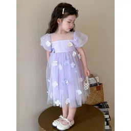 LULU & SKY Girls Floral Applique Puff Sleeve Tulle Fit & Flare Midi Dress-picture-18