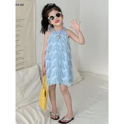 LULU & SKY Girls Self Design Halter Neck Fringer Trimmed A-Line Dress-picture-39