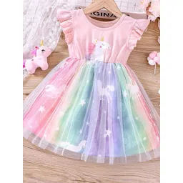 LULU & SKY Girls Unicorn Print Flutter Sleeves Tulle Fit & Flare Dress-picture-52