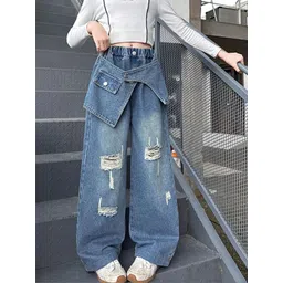 LULU & SKY Girls Wide Leg High-Rise Highly Distressed Light Fade Stretchable Jeans-picture-10