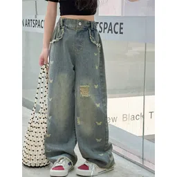 LULU & SKY Girls Wide Leg High-Rise Mildly Distressed Heavy Fade Stretchable Jeans-picture-29