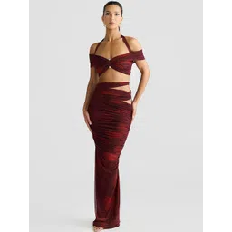 LULU & SKY Printed Halter Neck Ruched Cut-Out Crop-Top With Maxi Skirt Co-Ords-picture-22