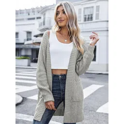 LULU & SKY Self Design V-Neck Long Sleeves Acrylic Longline Open Front Shrug-picture-30