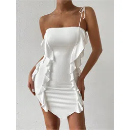 LULU & SKY Solid Ruffled One Shoulder Asymmetric Hem Bodycon Mini Dress-picture-24