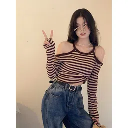 LULU & SKY Striped Cold-Shoulder Sleeves Crop Top-picture-13