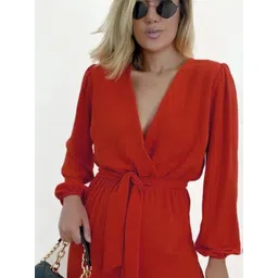 LULU & SKY V-Neck Puff Sleeves Waist Tie Up Basic Jumpsuit-picture-17