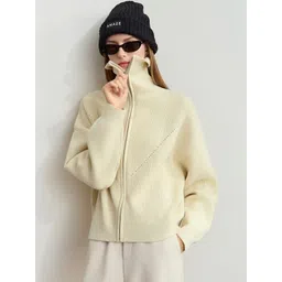 LULU & SKY Women Beige Knitted and Woven Jacket-image-37