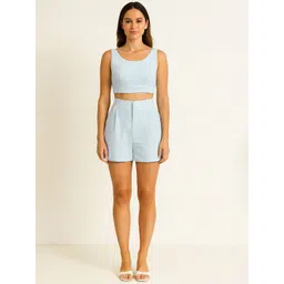 LULU & SKY Women Blue Checked Slim-Fit Pure Cotton Scoop Neck Crop Top With Shorts Co-Ords-picture-10