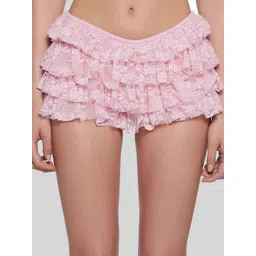 LULU & SKY Women Floral Embroidered Ruffled Lace Low-Rise Mini Shorts-picture-41