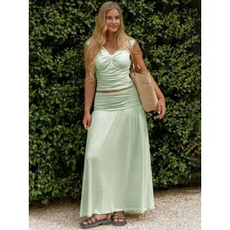 LULU & SKY Women Green Solid V-Neck Polyester Crop Top & Gathered Slip On Skirt Co-Ords-picture-25