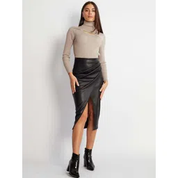 LULU & SKY Women High-Rise Front Slit Pencil Pleated Midi Skirt-picture-22