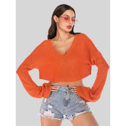 LULU & SKY Women Open Knit V-Neck Crop Pullover-picture-21