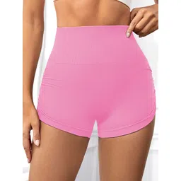 LULU & SKY Women Pink High-Rise Ribbed Ruched Sports Shorts-picture-17