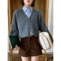 LULU & SKY Women Ribbed Cable Knit V-neck Crop Cardigan-picture-14