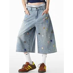 LULU & SKY Women Self Design High Rise Loose Fit Denim Shorts-picture-31