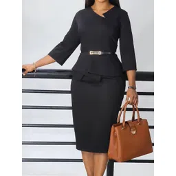 LULU & SKY Women Solid Asymmetrical Neck Knee Length Peplum Dress-picture-18