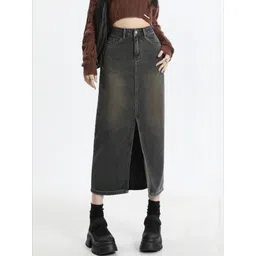 LULU & SKY Women Solid Retro Denim High Rise Midi Straight Skirt-picture-33