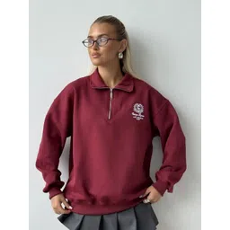 LULU & SKY Women Solid Zip Collar Sweatshirt image 1