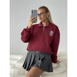 LULU & SKY Women Solid Zip Collar Sweatshirt image 4