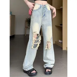 LULU & SKY Women Straight Fit High-Rise Mildly Distressed Heavy Fade Jeans-picture-24