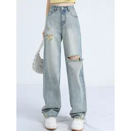 LULU & SKY Women Straight Fit High-Rise Mildly Distressed Ripped Heavy Fade Jeans-picture-10