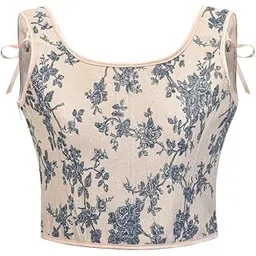 luolingongjue Women’s Retro Orchid Print Corset | Front Strap Lace-Up Vest Style Bustier-picture-10