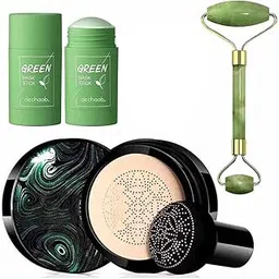 Lusty Soul 3 in 1 Air Mushroom head air cushion cream Moisturizing Foundation (20g) Green Tea Purifying Clay Oil Control Face Stick Mask (50gm) & Jade Double Ended Massager Roller-picture-12
