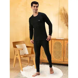 Lux Cottswool Men Black Solid Cotton Thermal Set-picture-20