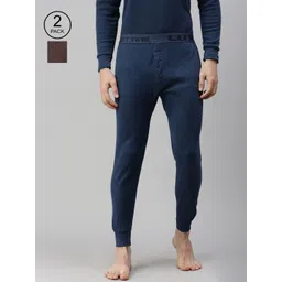 Lux Cottswool Men Blue & Brown Pack Of 2 Solid Cotton Thermal Bottoms-picture-30